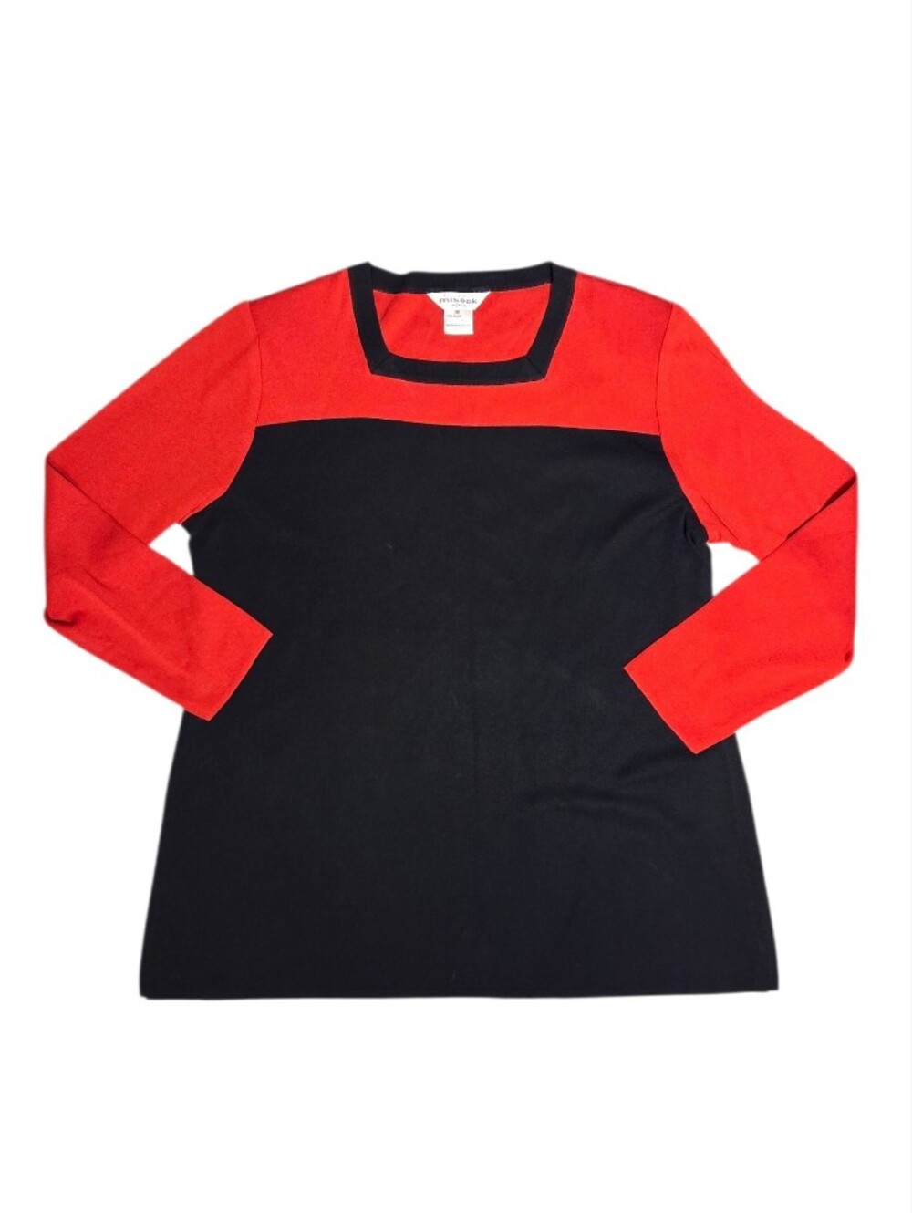 Exclusivlely Misook Woman Red Black Sweater Knit Top 2X Long Sleeves Square Neck